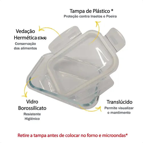 Kit Conjunto 5 Potes Geladeira Vidro Hermético Marmita Tampa Cor Branco