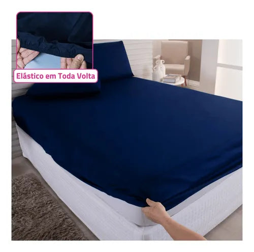 Kit Jogo Lençol Casal Elástico E Fronhas 3pçs 400 Fios Hotel