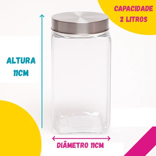 Kit 3 Pote Hermetico Vidro 2l Com Tampa Inox Mantimentos
