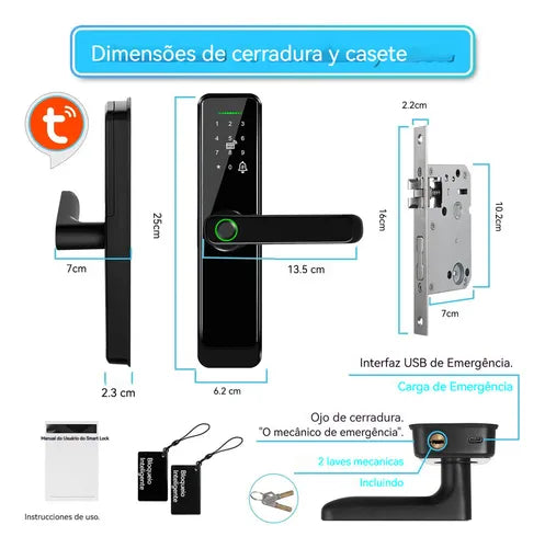 Fechadura Digital Biométrica Luczeng , 5 Em 1 Inteligente Fechadura Eletronica Com Tuya Wi-fi, Touch Screen Fechadura Digital - Abertura Via Biometria, Senha Numérica, Cartão Ic, Chave E App