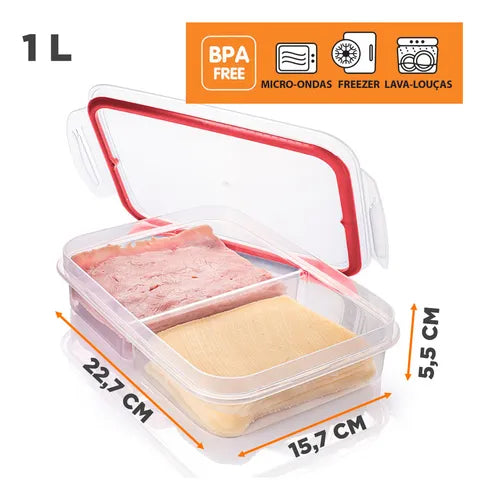 Pote Porta Frios 2 Divisórias Plasútil Empilhável Hermético Tampa Com Trava Trio e Vedação Presunto Queijo Mussarela Mortadela Vasilha Potinho Cozinha