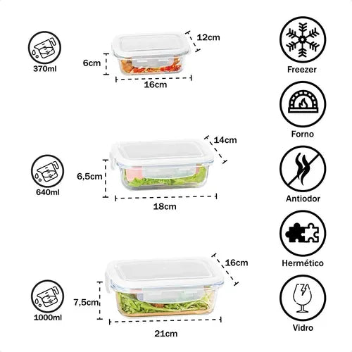 Kit Conjunto 5 Potes Geladeira Vidro Hermético Marmita Tampa Cor Branco