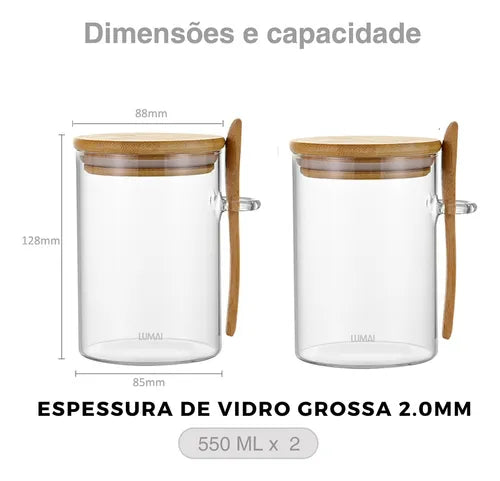 Kit 2 Potes Herméticos de Vidro 550ml com Tampa Bambu e Colher Para Café Açúcar Sal Arroz Temperos Porta Mantimentos Condimentos Alimentos Secos Organizadores Cozinha Casa com Bandeja