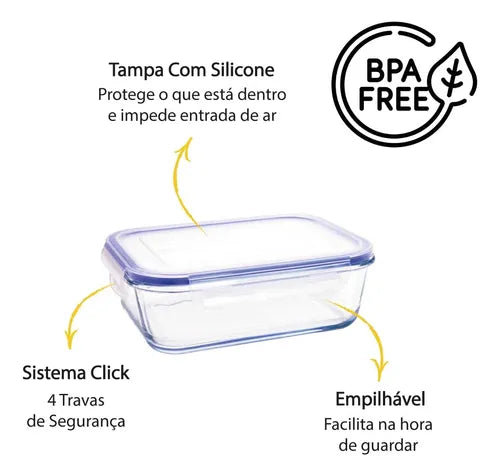 Kit Conjunto 5 Potes Hermético Geladeira Vidro Marmita Tampa Click com vedaçao silicone Cor Borracha Azul