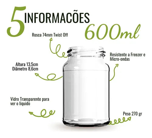 10 Potes Vidro 600 Ml Palmito Tampa Plástica Doce Conserva