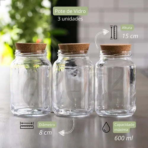 Kit 3 Potes Pequenos De Vidro 600 Ml Com Tampa Cortiça Cor Transparente