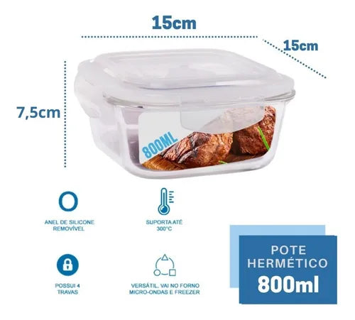 Conjunto 2 Pote Vidro 800ml Hermético Marmita Tampa 4 Travas