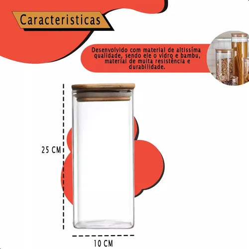 Kit 3 Potes Herméticos De Vidro E Tampa De Bambu 1650ml