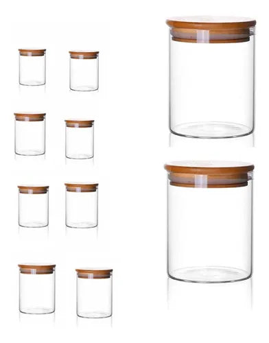 Kit 10 Potes De Vidro Tampa Em Bambu 250ml Imediato Cor Transparente