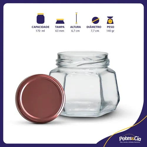 12 Potes De Vidro 170ml Sextavado + Tampa Metálica + Lacre Cor Rosê Gold