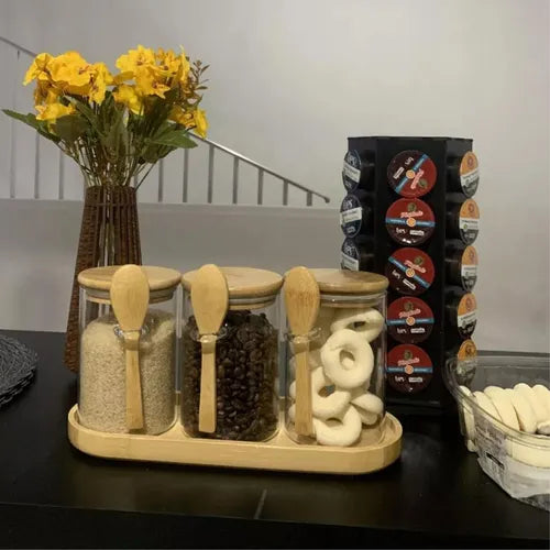 Conjunto Potes De Vidro Lumai 550ml Tampa Colher Com Bandeja Cor Transparente Organização Cozinha Porta Mantimentos Café Nescau Açucar Temperos