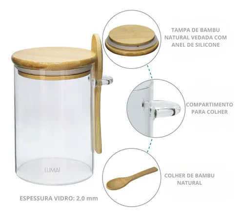 Kit 2 Potes Herméticos de Vidro 550ml com Tampa Bambu e Colher Para Café Açúcar Sal Arroz Temperos Porta Mantimentos Condimentos Alimentos Secos Organizadores Cozinha Casa com Bandeja