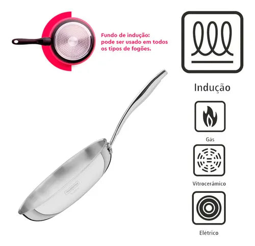 Frigideira Tramontina Grano 62155260 em Aço Inox com Corpo Triplo e Cabo 26 cm 2,2 Litros Prata