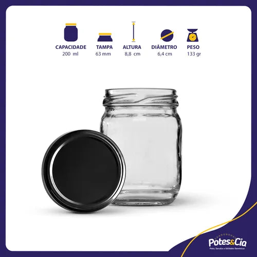 24 Potes De Vidro 200ml Com Tampas Metálicas E Lacres Cor Preto