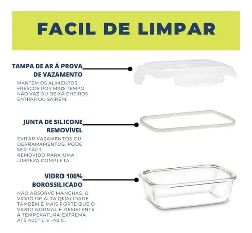 Jogo De Potes Herméticos De Vidro 3 Pçs 4 Travas Linha Luxo