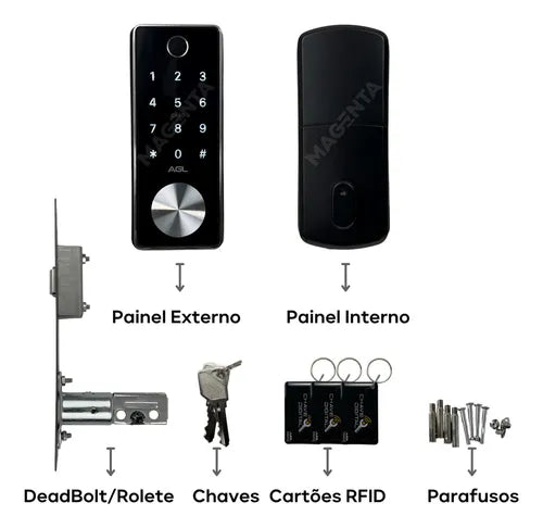 Fechadura digital T12 bluetooth biometria cartão chave senha preto AGL