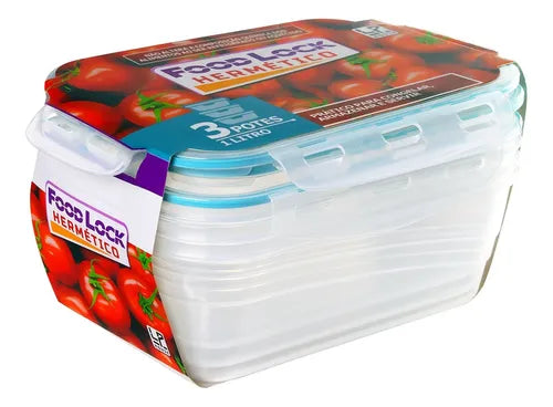 Kit 3 Potes Herméticos Marmita Fitness Retangular 1 L Cor Transparente