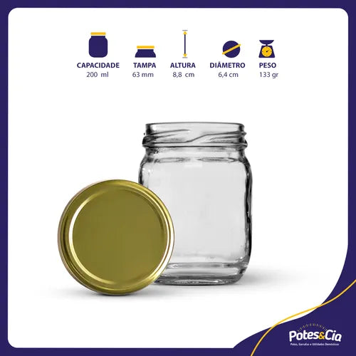 24 Potes De Vidro 200ml Com Tampas Metálicas E Lacres Cor Dourado