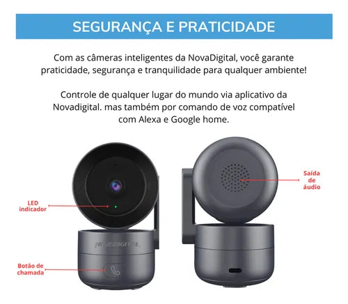 Câmera De Segurança Wifi Inteligente Novadigital Cs-call Botão Chamada Onvif Tuya Smart Life Alexa Google 110V 220V Bivolt Cinza