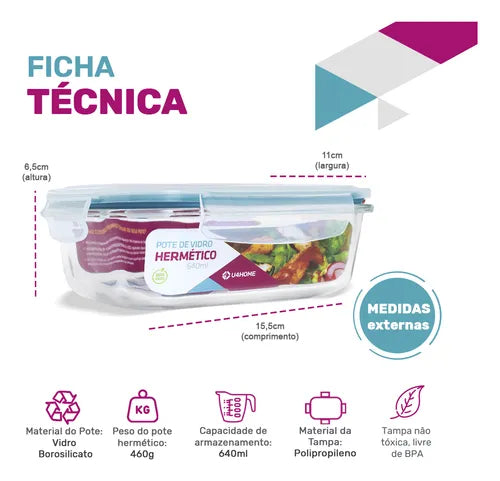 Conjunto 6 Pote Vidro Hermético Marmita Tampa Plástico 640ml U4HOME