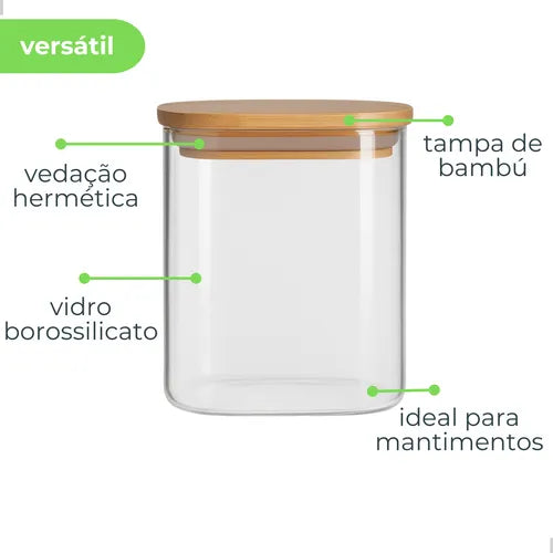 Kit 3 Potes Herméticos De Vidro Mantimentos Com Tampa Bambu