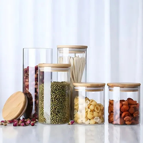 Porta Alimentos Em Vidro 550ml Com Tampa Em Bambu 10cm