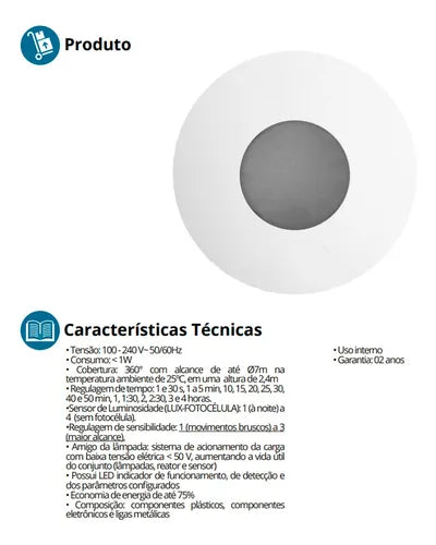 Sensor Presença Movimento Teto 360º Exatron Lest4000 Branco