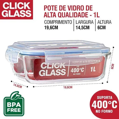 Kit Com 5 Potes De Vidro Click Glass Premium 100% Herméticos