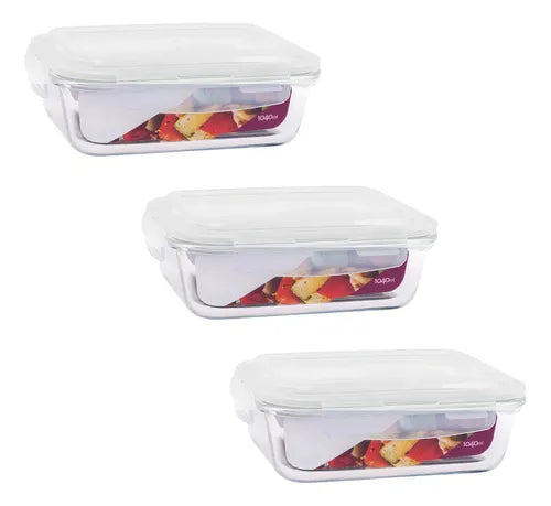 Kit 3 Potes Retangular 1040ml Com Tampa Hermética E 4 Travas