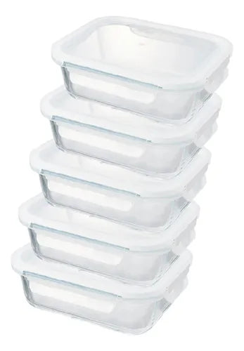 Yab - Kit 5 Potes De Vidro Marmita C/ Tampa Hermético 640ml Retangular 4 Travas Borossilicato Alimentos Micro-ondas Freezer Geladeira