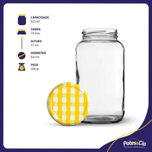 15 Potes De Vidro 800ml Az 500 Com Tampas Metálicas E Lacres Cor Amarelo Xadrez