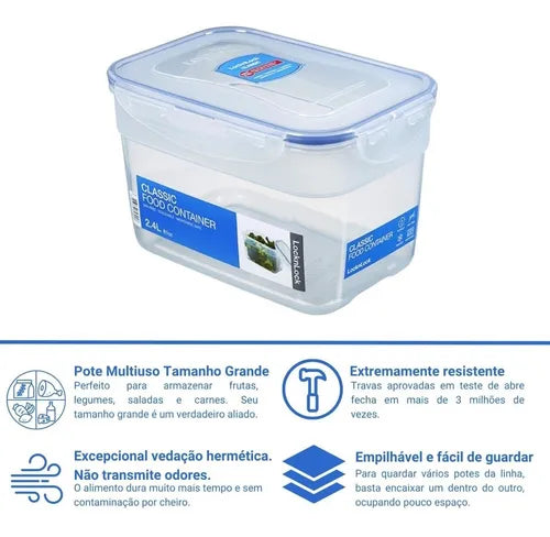 Kit 2 Potes Hermético Tampa Travas Grande Lock&lock 2400ml