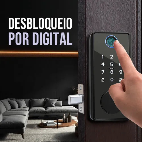 Fechadura Eletronica Digital Sobrepor Com Biometria Senha Cartão Chave Abre Com Aplicativo Wifi Tuya Voz Portugues Porta Madeira espessura entre 35mm e 50mm Cor Preto Ekaza T328