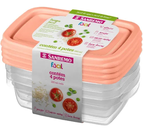 4 Pote Plástico 280ml Retangular Microondas Freezer Bpa Free