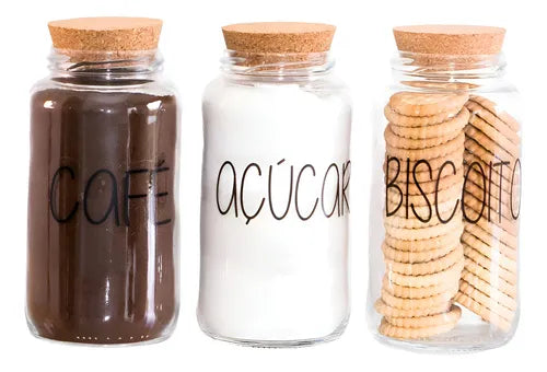 Kit 3 Potes De Vidro 810ml - Tampa De Rolha Cantinho Do Café Cor Café Açúcar Biscoito