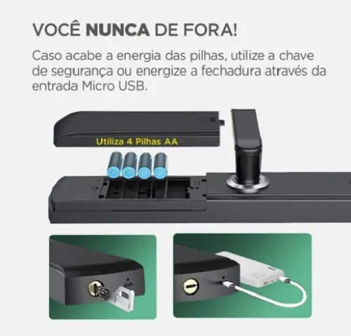 Fechadura Digital Biométrica Inteligente ELG SHFB700, Wi-Fi, Abertura por Biometria, Senha, Cartão de Proximidade, Aplicativo ou Chave de Emergência, Preto