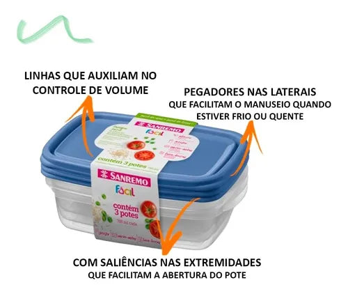 Conjunto 3 Potes Herméticos Mantimento Freezer Sanremo 785ml