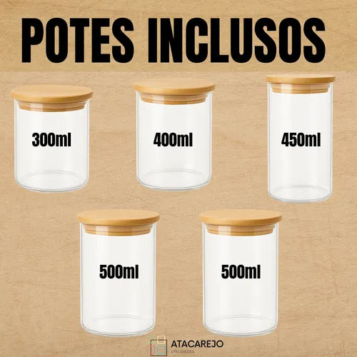 Kit 5 Potes De Vidro Hermético Tampa Bambu Alimentos Grãos