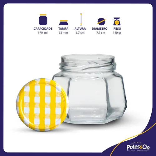 12 Potes De Vidro 170ml Sextavado + Tampa Metálica + Lacre Cor Amarelo Xadrez