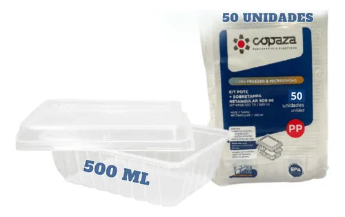 Pote Descartável 500ml Freezer Microondas Marmita 50un Tampa