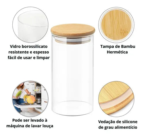 Pote De Vidro Hermético Tampa De Bambu 1 Litro Macarrão