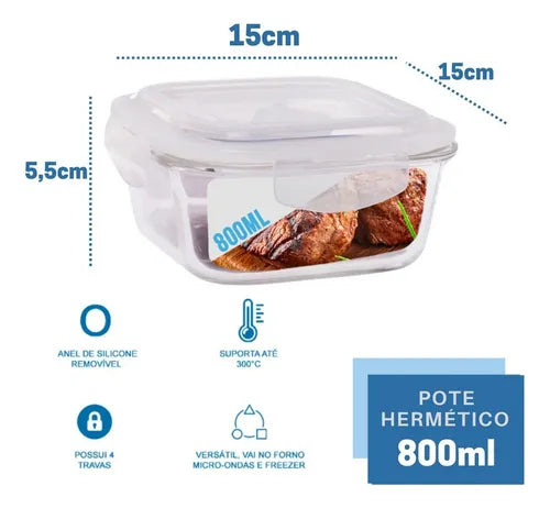 Conjunto 4 Pote Vidro 800ml Hermético Marmita Tampa 4 Travas