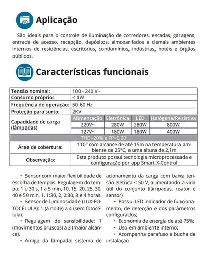 Sensor De Presença Movimento Frontal Temporizador Smart X-Control Exatron LESF4000 XC 110V 220V Bivolt Branco