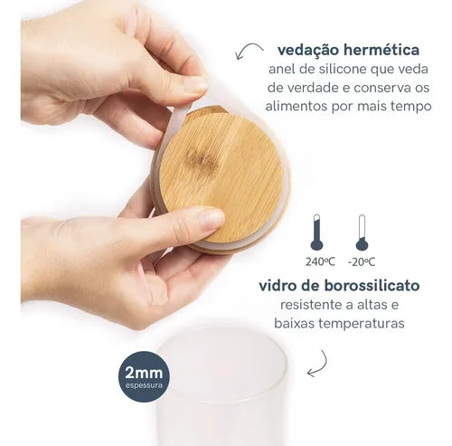 Kit 3 Potes De Vidro Hermético C/ Tampa De Bambu 450ml Cor Marrom-claro