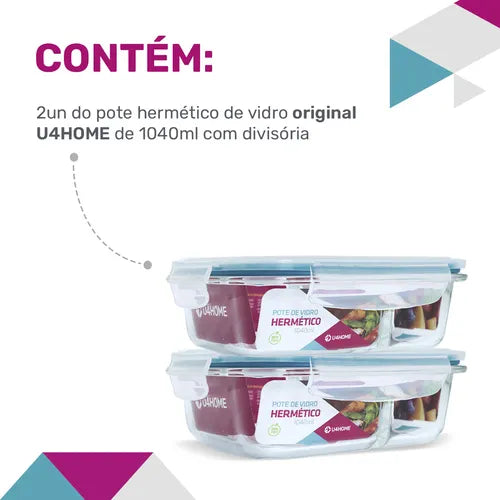 Kit 2 Potes Vidro Divisória Hermético Marmita 1040ml Azul