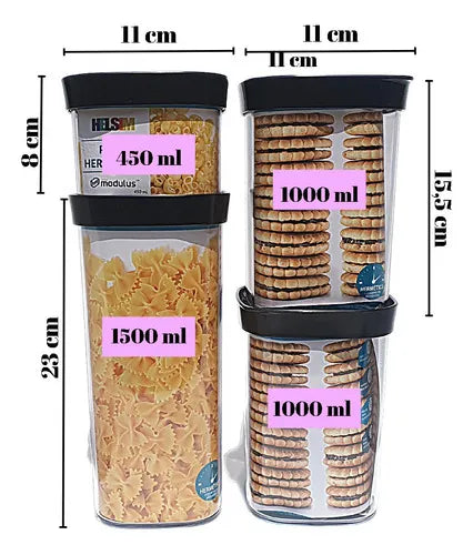 Jogo 4 Potes Herméticos 3 Tamanhos - 450, 1000 E 1500ml Cor Preto
