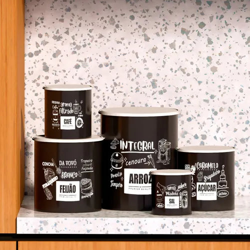 Kit 5 Potes De Mantimentos Plástico Decorado Preto Frases