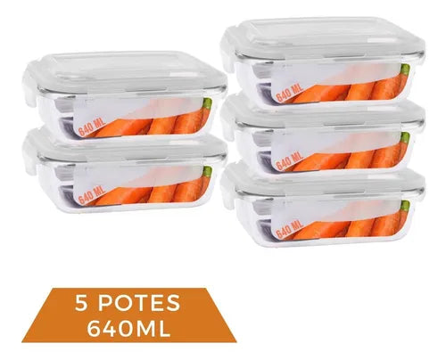 5 Pote Vidro 640ml Marmita Fitness Tampa Hermética 4 Travas