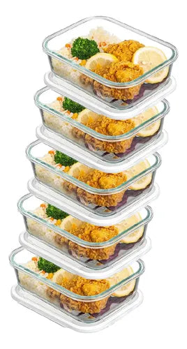 Yab - Kit 5 Potes De Vidro Marmita C/ Tampa Hermético 640ml Retangular 4 Travas Borossilicato Alimentos Micro-ondas Freezer Geladeira