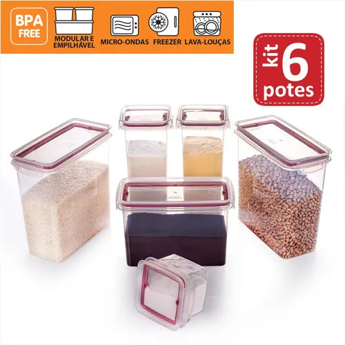 Conjunto Jogo 6 Potes Herméticos Alimentos Mantimentos Comidas Vasilha Potinho Cozinha Empilhável